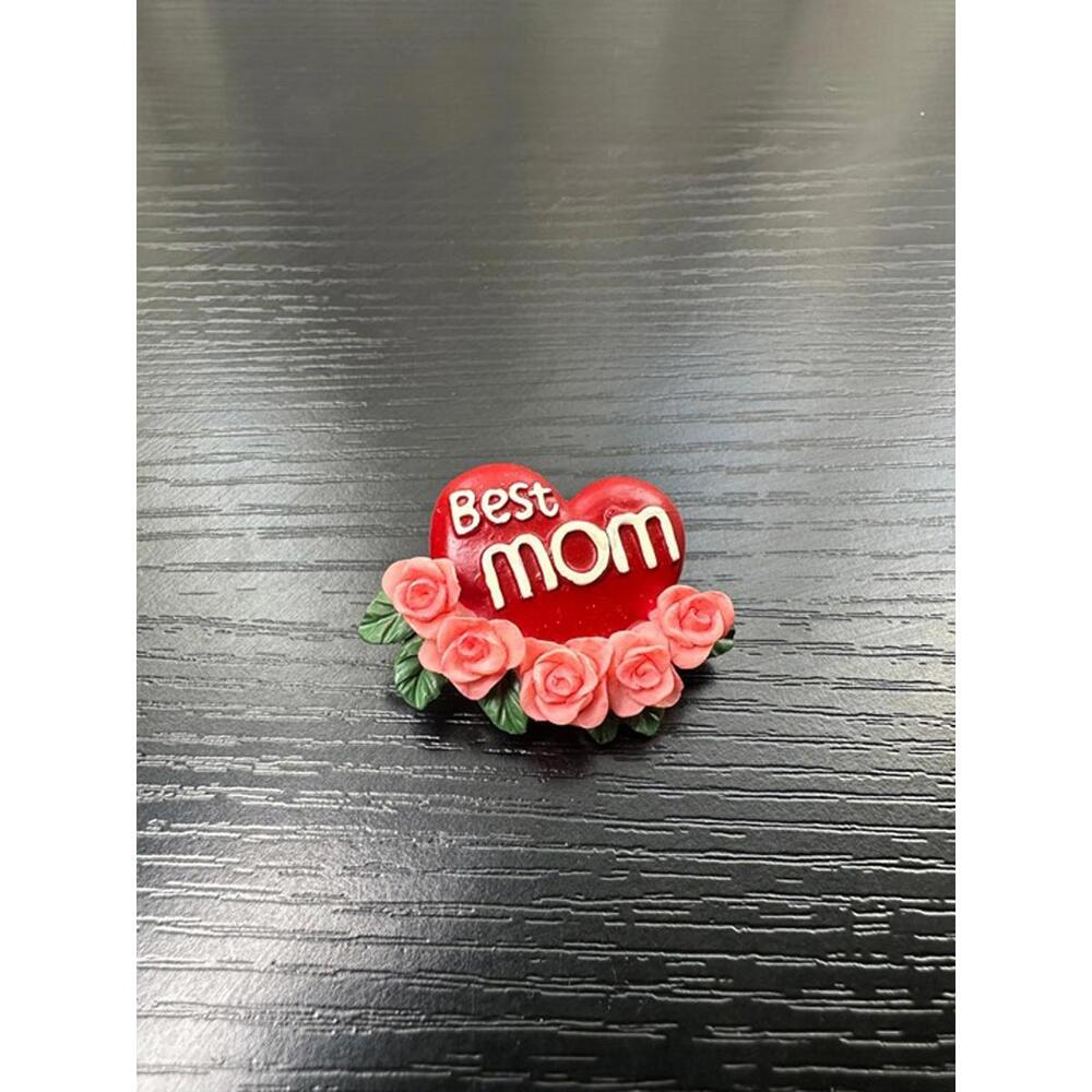 Best Mom Heart Brooch Pin Red Heart with Pink Roses Mother’s Day Jewelry